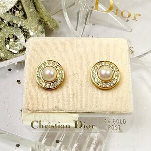 Christian Dior 14k Gold Plated Pearl & Crystal Clip-On Earrings